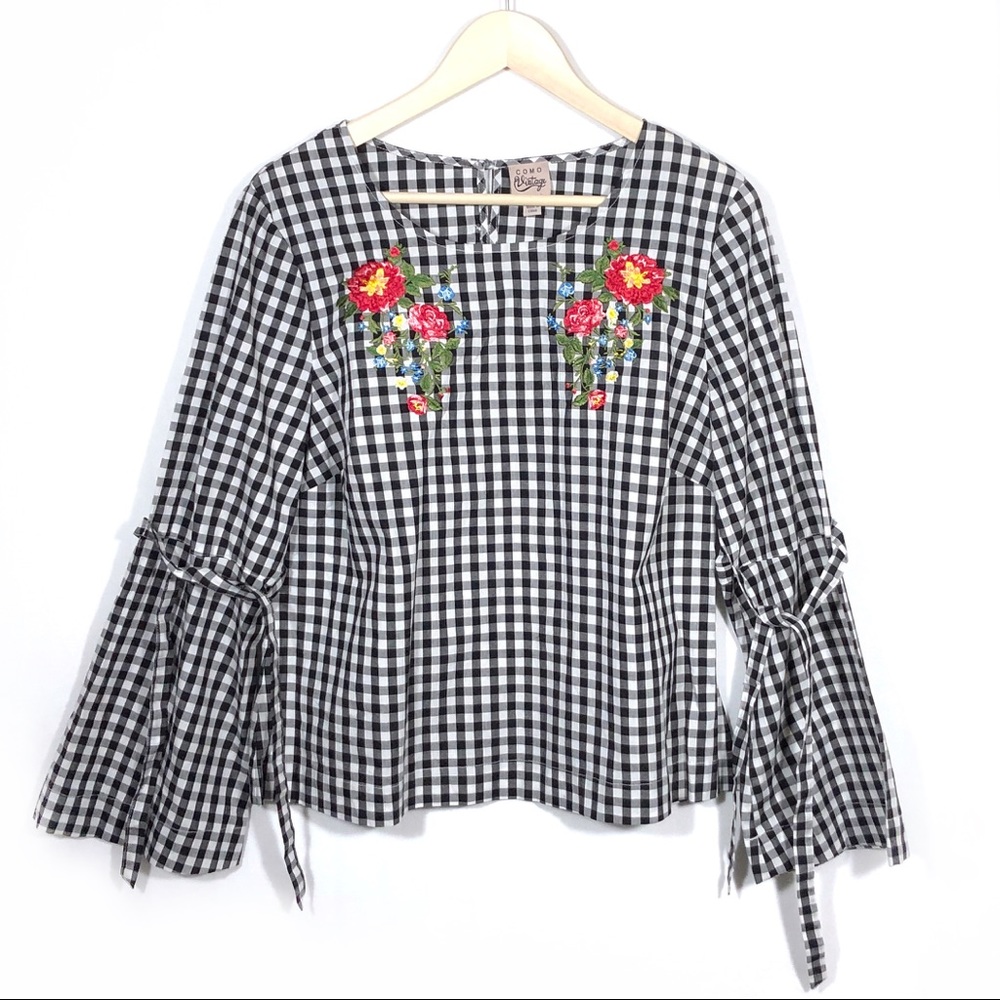 L Como Vintage Floral Embroidered Gingham Top